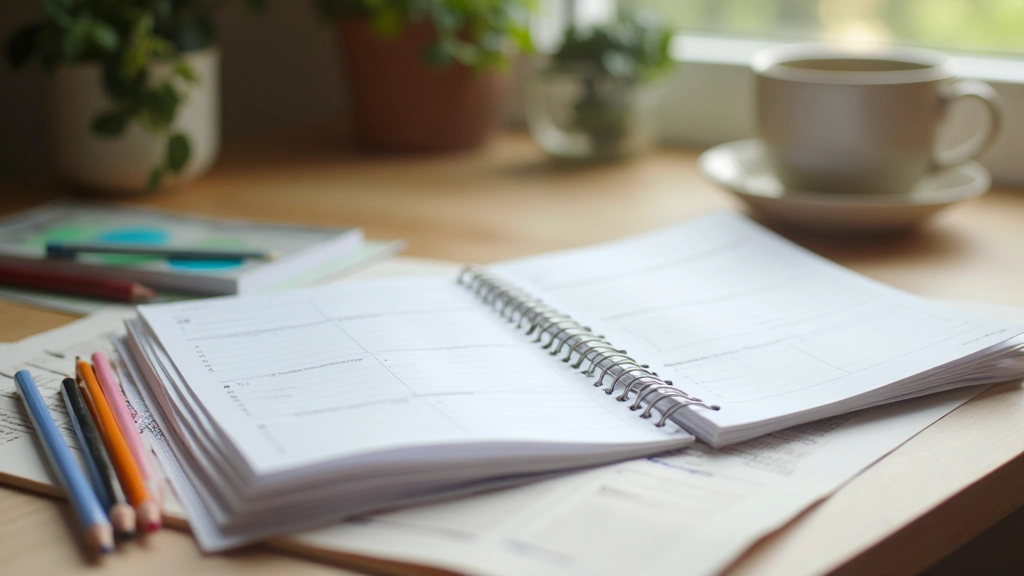 Dagplanner open met gekleurd potlood en koffie op de achtergrond, planning en organisatie