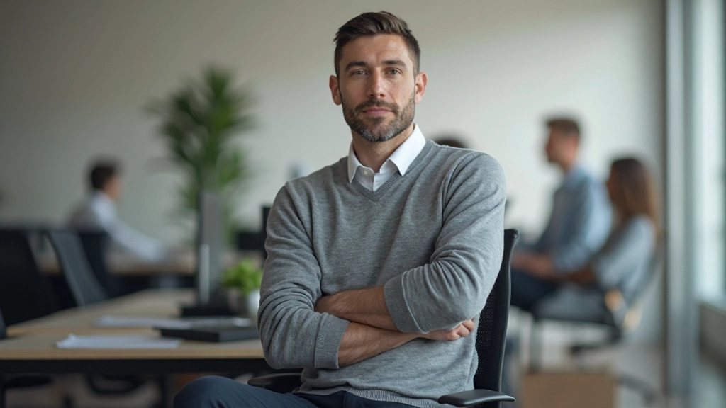 Professionele foto van realistische man van 38 jaar, volledig gekleed in business casual, zittend op modern kantoorkruk, armen over elkaar gekruist, zelfverzekerde uitdrukking, heldere werkruimte, zacht licht, onscherpe achtergrond, GEEN tekst, GEEN watermerken