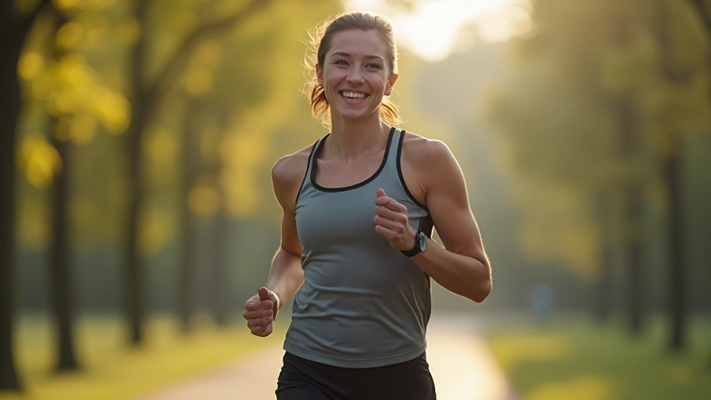 Persoon in sportkleding die ochtends buiten jogt met een positieve houding