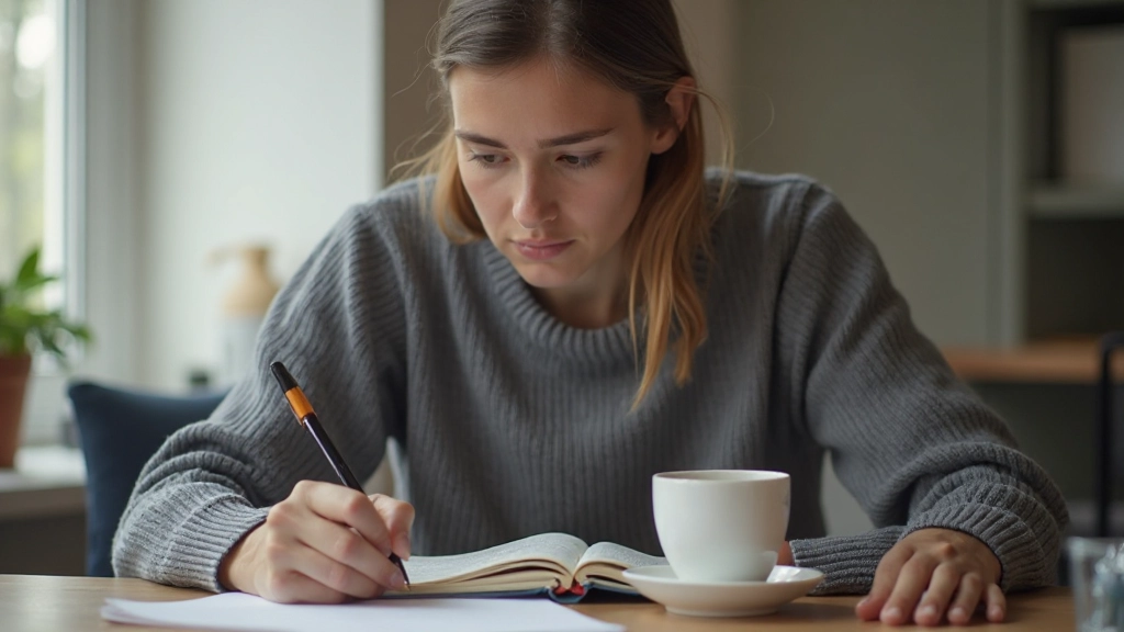 Persoon die in een notitieboek schrijft met een kopje thee, concentratie en focus