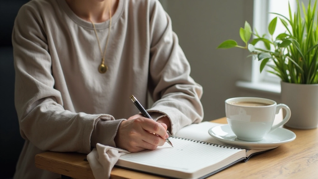 Persoon schrijft in dagboek met thee en plant op bureau, productieve ochtend routine