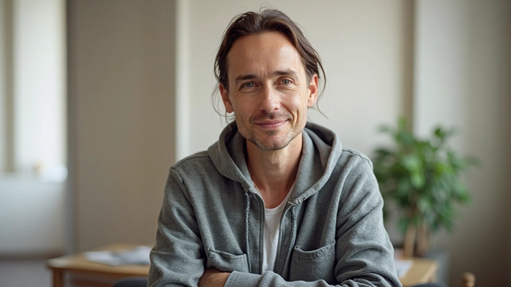 Persoon zit in meditatiehouding in rustige kamer met zachte verlichting, kalm en gefocust gezicht, ochtendlicht door raam