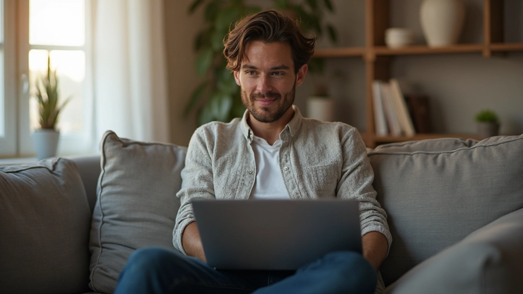 Persoon zit thuis op bank met laptop, afleiding en procrastinatie moment