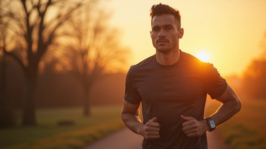 Fitnesstracker op pols, persoon die buiten jogt bij zonsondergang, consistentie en gezondheid