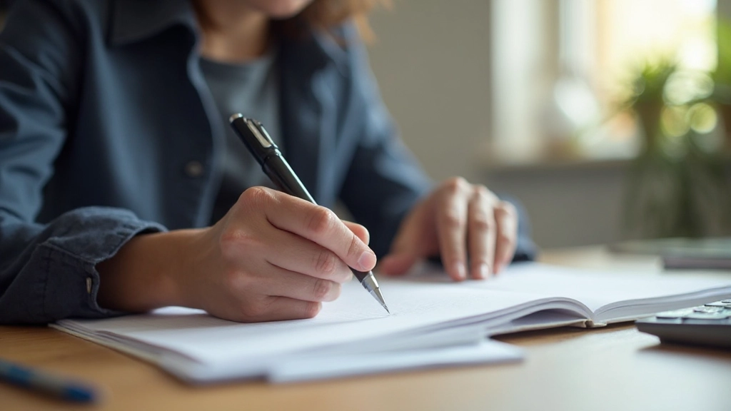 Persoon die notities maakt in dagboek met sterke concentratie, werkruimte met organisatie zichtbaar