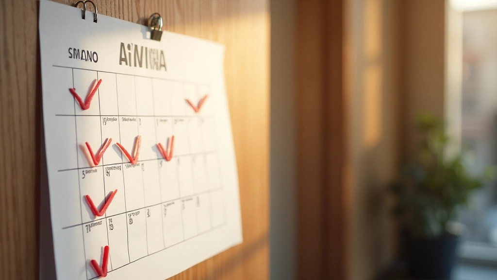 Kalender aan muur met rode vinkjes voor afgelopen dagen, visuele tracking van consistentie