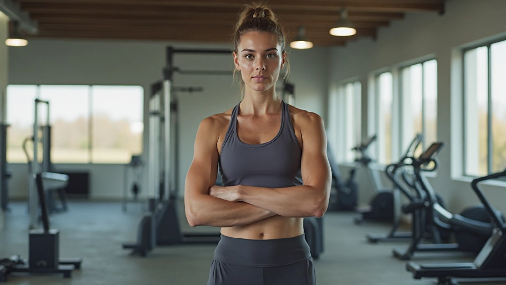 Professionele foto van realistische vrouw van 29 jaar, volledig gekleed in sportkleding, staand in moderne sportruimte met ramen, gefocuste uitdrukking, trainingsapparatuur op de achtergrond, natuurlijk daglicht, onscherpe achtergrond, GEEN tekst, GEEN watermerken