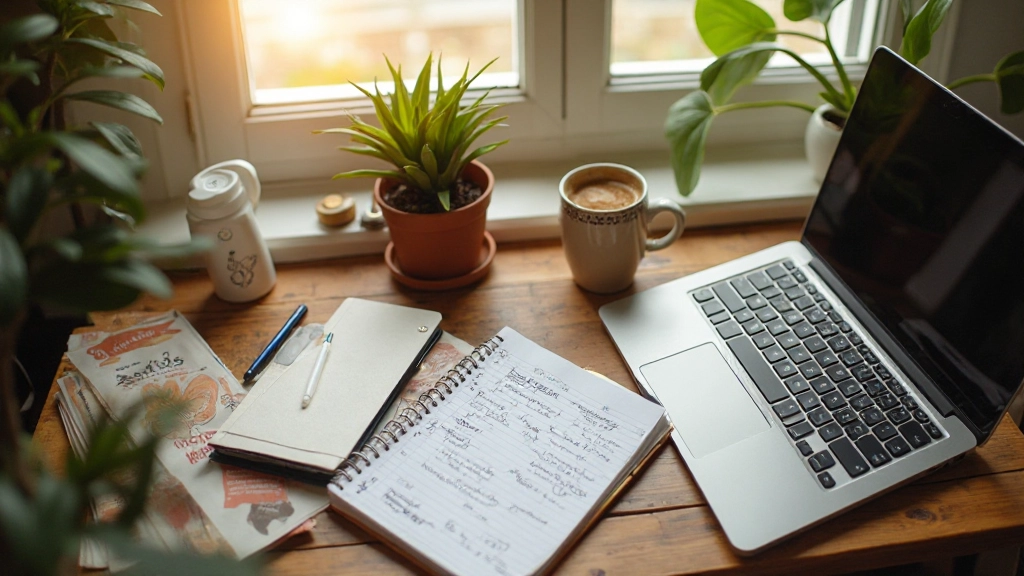 Laptop op een werkbureau met dagboek en koffiekopje, ochtendlicht door raam